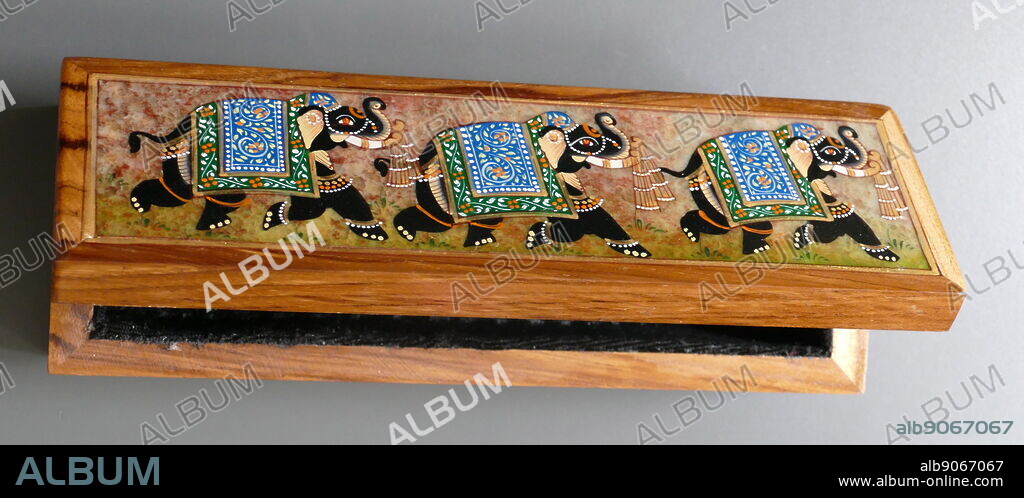 Traditional style, lacquered wooden box for prayer beads, Indian 21st century.