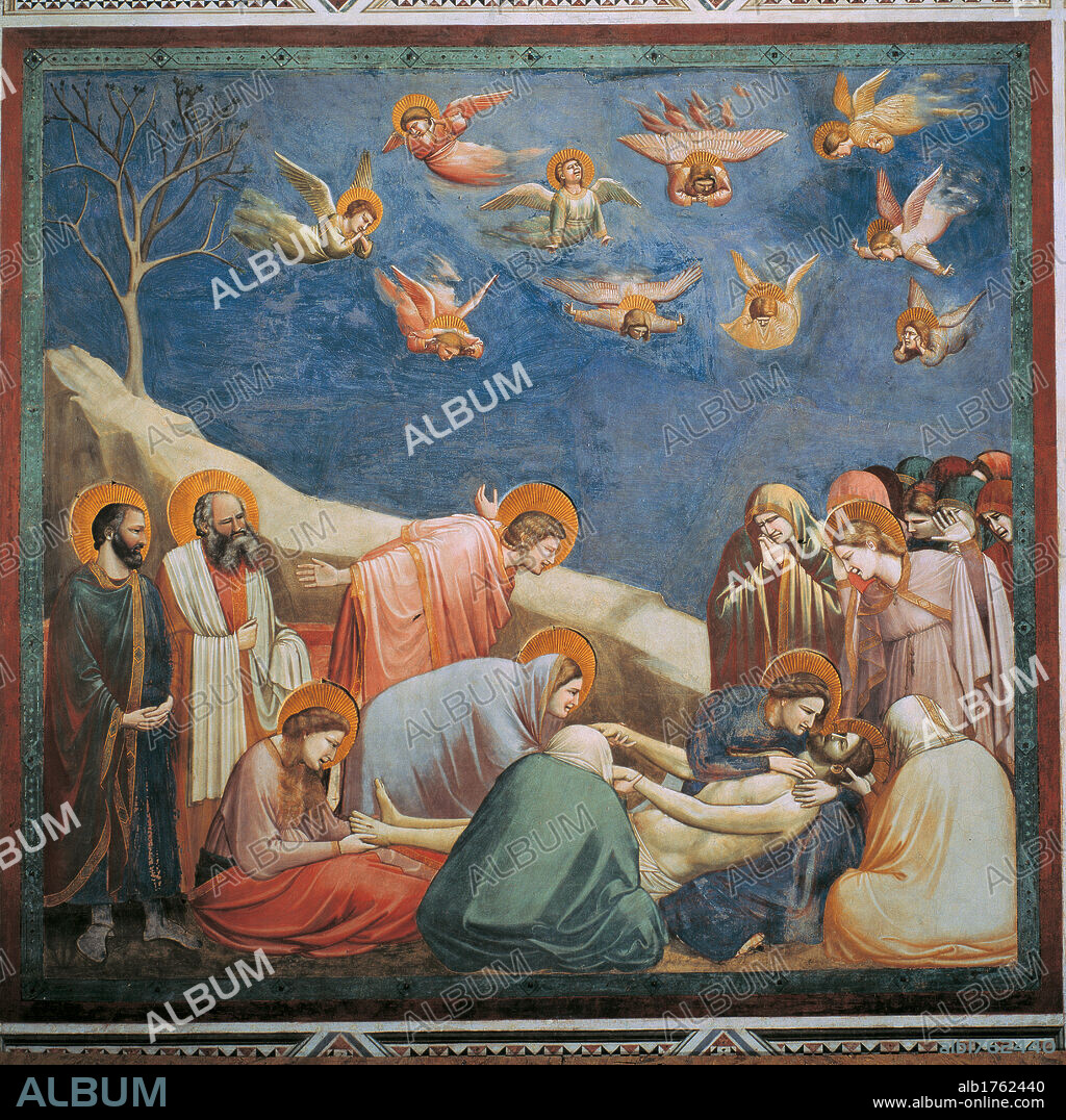 Stories of the Passion The Mourning over the Dead Christ, by Giotto, 1303-1305 about, 14th Century, fresco, cm 200 x 185. Italy, Veneto, Padua, Scrovegni Chapel. All. The Dead Christ mourned by St John the Baptist, the Virgin Mary, the Pious Women and other characters figures. View of a rocky landscape. Angels soar fly in a cobalt blue sky.