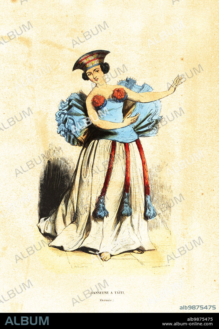 Dancing woman on Tahiti. She wears a hat, a long gown with highly puckered ruffs of tapa attached to the back, tassels hanging from the waist, feathery pompons covering the breasts. Danseuse a Taiti (Oceanie). After John Webbers illustration A Dance in Otaheite from The Third and Final Voyage of Captain James Cook, 1784. Handcoloured woodcut by Edouard Vermocken after John Webber from Auguste Wahlen's Moeurs, Usages et Costumes de tous les Peuples du Monde, (Manners, Customs and Costumes of all the People of the World) Librairie Historique-Artistique, Brussels, 1845. Wahlen was the pseudonym of Jean-Francois-Nicolas Loumyer (1801-1875), a writer and archivist with the Heraldic Department of Belgium.