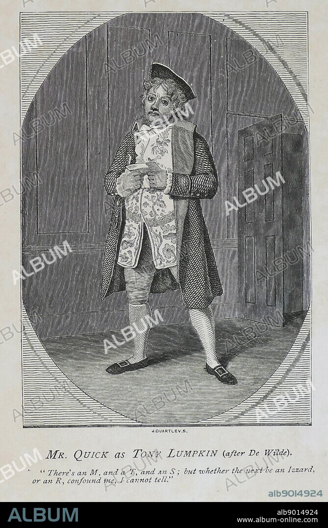 Oliver Goldsmith 'She Stoops to Conquer' 1773. John Quick (1748-1831) Engraving of the English actor as Tony Lumpkin in the first production of Goldsmith's play.