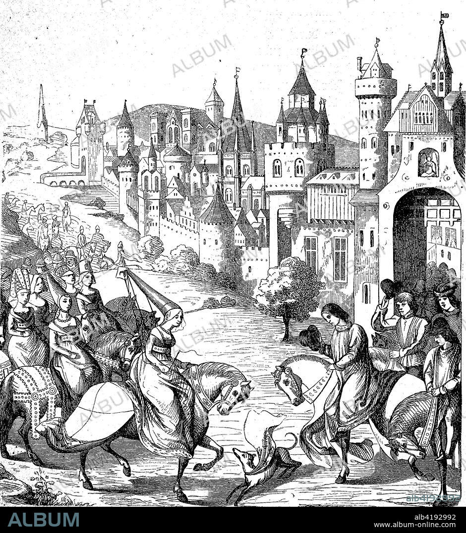 Empfang der Jacqueline, Jacoba van Beieren, Jacqueline de Baviare, 1401 - 1436, was a Duchess of Bavaria-Straubing, Countess of Holland and Zeeland and Countess of Hainaut from 1417 to 1433 arriving a dutch city, reproduction of a woodcut from the year 1880, digital improved.