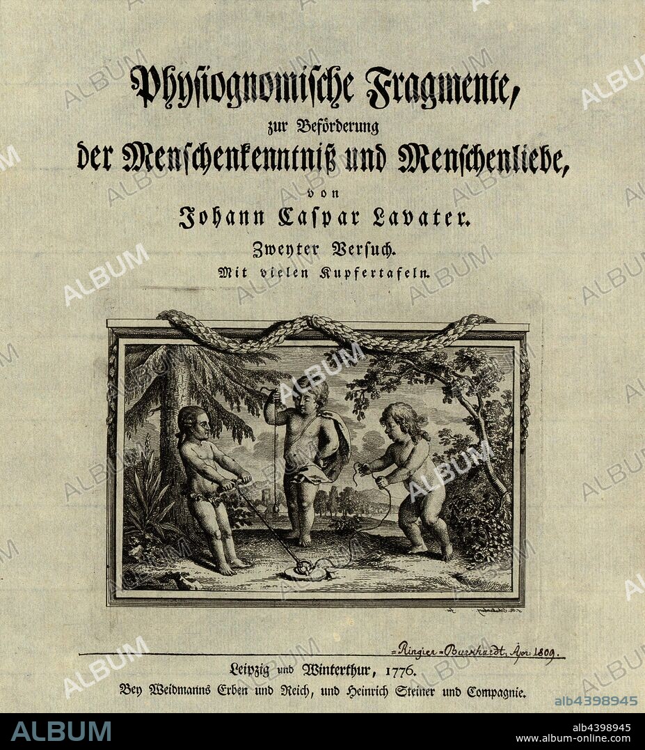 Titelblatt von Lavaters zweitem Band von 'Physiognomische Fragmente, zur Beförderung der Menschenkenntnisze und Menschenliebe', Title page of Lavater's second volume of 'Physiognomic Fragments, for the Promotion of Human Knowledge and Philanthropy' from the 18th Century, signed: not recognizable, Fig. 1, before p. 1, 1775, Johann Caspar Lavater: Physiognomische Fragmente, zur Beförderung der Menschenkenntnisze und Menschenliebe. Leipzig und Winterthur: Weidmanns Erben, 1775.