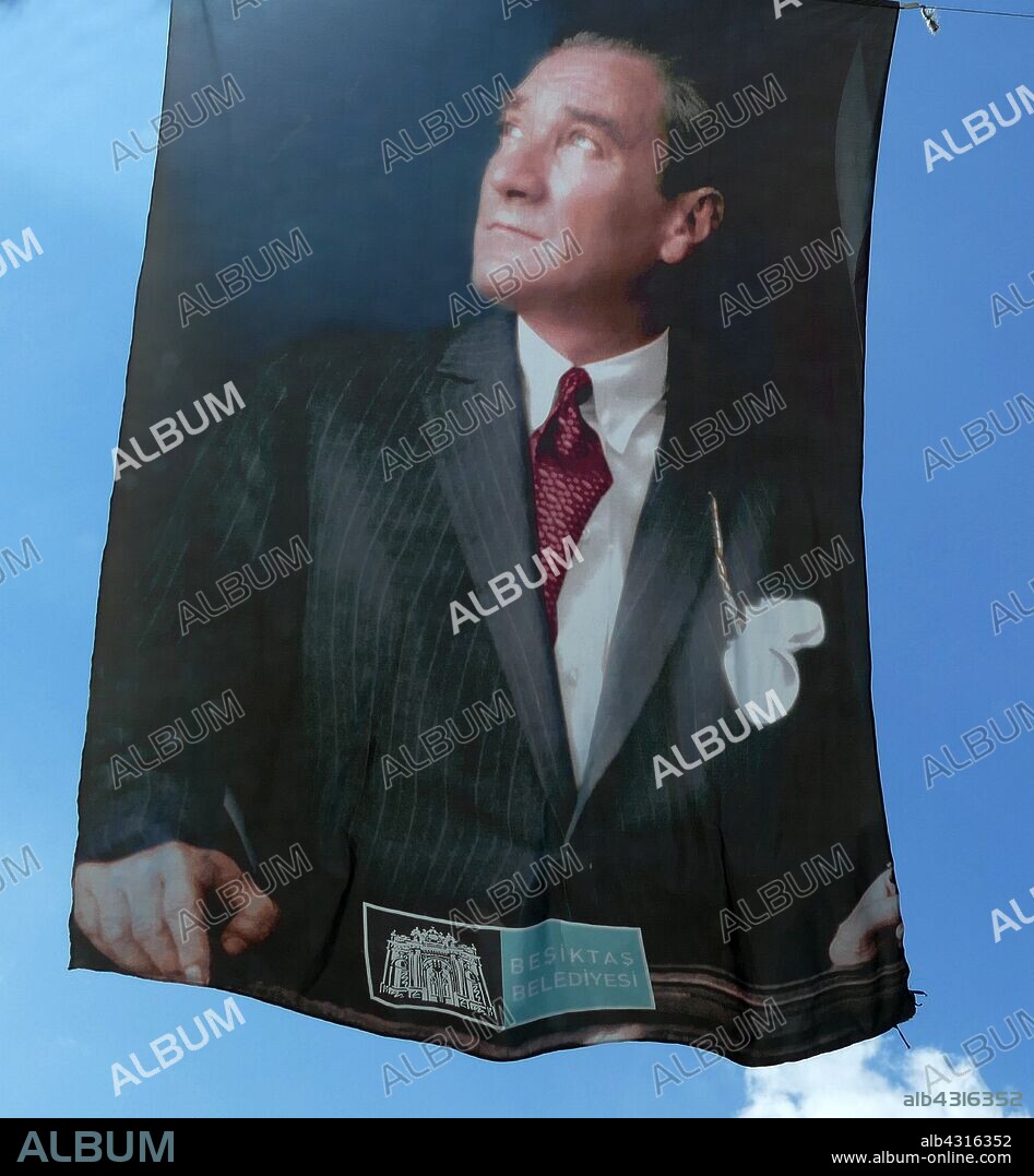 Banner with portrait of Mustafa Kemal Ataturk (1881 - 1938), founder of the Republic of Turkey. President from 1923 until his death in 1938. Ideologically a secularist and nationalist, his policies and theories became known as Kemalism.