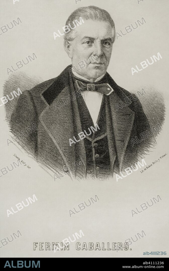 Fermín Caballero y Morgáez (1800-1876). Geógrafo, periodista, escritor, político y orador español. Dibujo por Llanta. Litografía. Retrato. Crónica General de España, Historia Ilustrada y Descriptiva de sus Provincias. Castilla-La Nueva, 1869. Biblioteca Histórico Militar de Barcelona. Cataluña, España.