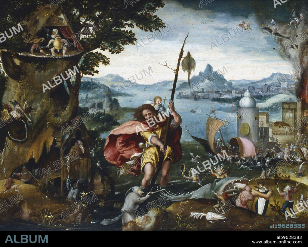 JAN DE COCK. 'St Christopher Crossing the River', 1506-c1527. St Christopher reaches the bank with the Christ Child on his shoulder. The landscape is filled with strange creatures reminiscent of the work of Hieronymus Bosch. Legend has it that St Christopher was a 3rd century Canaanite giant whose task was to carry travellers across the water. One day he had to carry a child across the stream, but as he did so the child grew continually heavier until it seemed to Christopher that he was carrying the weight of the whole world on his shoulders. When questioned the child revealed himself as Christ, and as proof ordered Christopher to plant his staff in the ground. The next morning the staff had miraculously been transformed into a fruit-bearing palm tree. The miracle led to many people converting to Christianity, which enraged the local ruler, who had Christopher imprisoned, tortured and finally, beheaded.