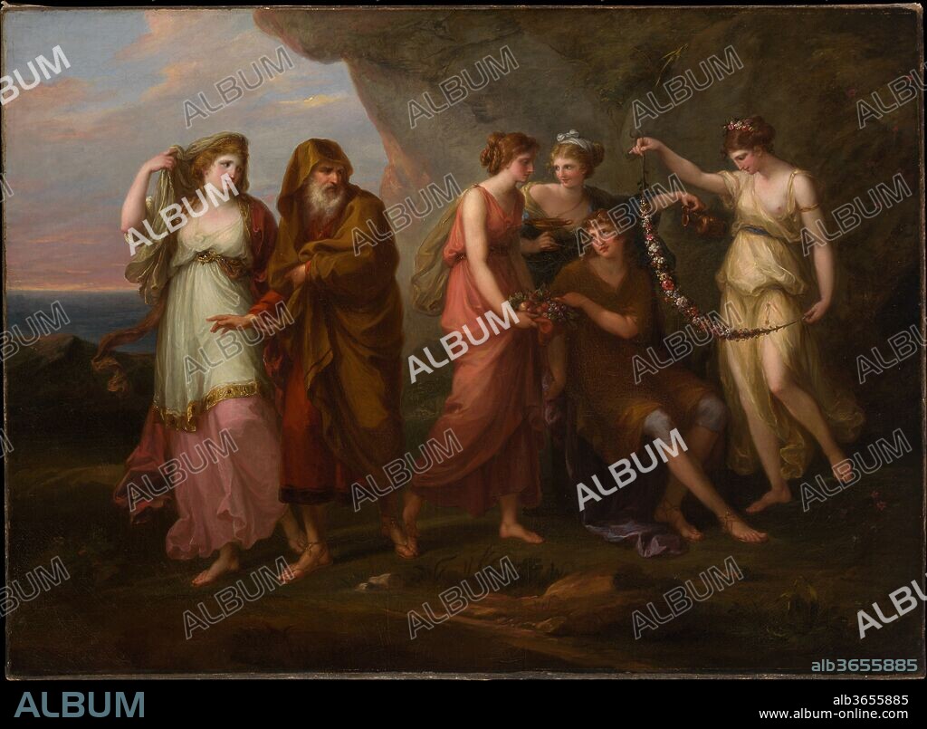 Telemachus and the Nymphs of Calypso. Artist: Angelica Kauffmann (Swiss, Chur 1741-1807 Rome). Dimensions: 32 1/2 x 44 1/4 in. (82.6 x 112.4 cm). Date: 1782.
Angelica Kauffmann was born in Switzerland but made her reputation in Italy and England, where she was a founding member of the Royal Academy. In Rome she frequented the sophisticated intellectual circle of Winckelmann and Mengs.
These pictures were painted for Monsignor Onorato Caetani shortly after Kauffmann settled in Rome, in 1782. The subjects are taken from Fénelon's romance Télémaque, first published in 1699. In one picture Telemachus and his companion, Mentor, who have been washed ashore, are welcomed by Calypso and her nymphs. In the other, Calypso motions her nymphs to be silent when their songs about Telemachus's father Ulysses make him sorrowful.
