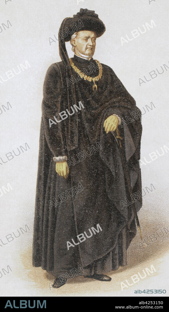 Felipe III, Duque de Borgoña, llamado "el Bueno" (1396-1467). Conocido también como Gran Duque de Occidente. En 1429 fundó la Orden del Toisón de Oro. El rey con traje de capítulo, portando el collar de oro de la Orden del Toisón. Cromolitografía. Historia de las Ordenes de Caballería y de las Condecoraciones Españolas. Madrid, 1865.