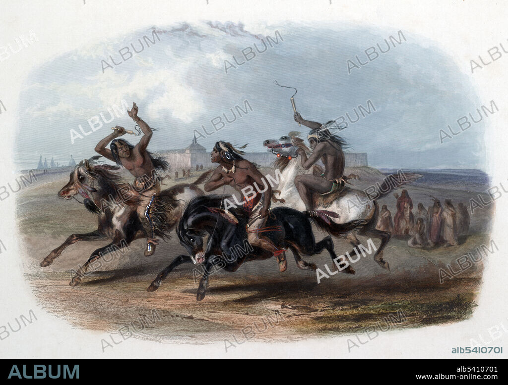 Horse racing of Sioux Indians, near Fort Pierre. The Sioux are groups of Native American tribes and First Nations peoples in North America. The Sioux comprise three major divisions based on language divisions: the Dakota, Lakota and Nakota. The Spanish introduced horses to the Sioux in the 16th century. After the arrival of the horse the Indians could hunt from horseback, choosing only the most desirable of targets for their prey. Many religious ceremonies were based on the horse and its contribution to the life of the Indian. The Oglala Dakota tribe used horse medicine to influence the outcome of horse races, to cure sick and wounded horses, to calm a fractious horse and to make broodmares have fine foals. Voyage dans l'interieur de l'Amerique du Nord, execute pendant les annees 1832-34. Karl Bodmer (1809-1893) was a Swiss printmaker, lithographer, painter, illustrator and hunter.