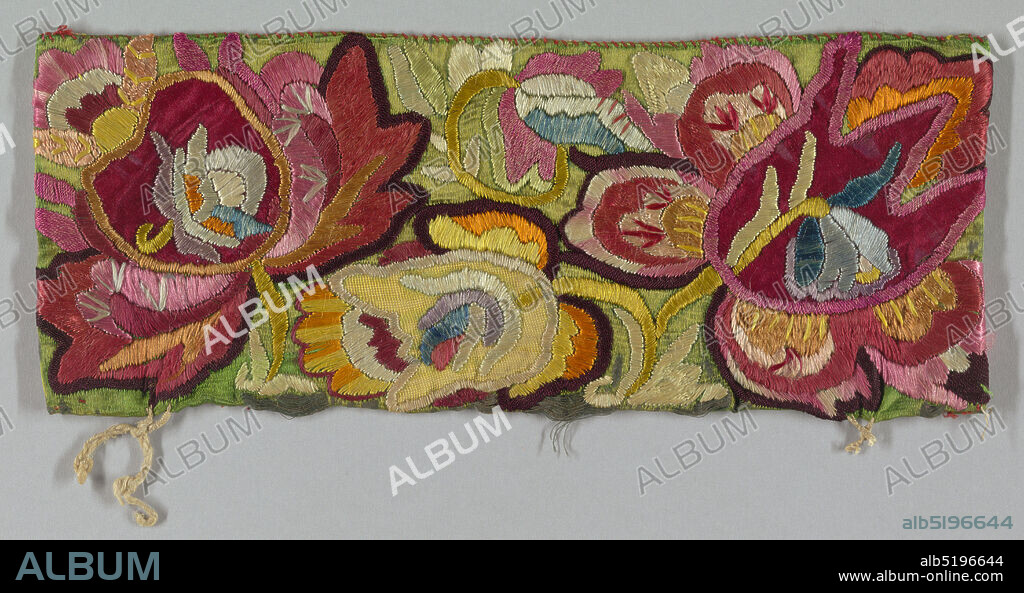 Sleeve decoration, Medium: silk, cotton Technique: satin stitch embroidery, Sleeve decoration of red and green satin embroidered with large-scale pattern of stylized flowers in brightly colored silks. Worked in satin stitch and lined with cotton., Balkans, late 19th century, embroidery & stitching, Sleeve decoration.
