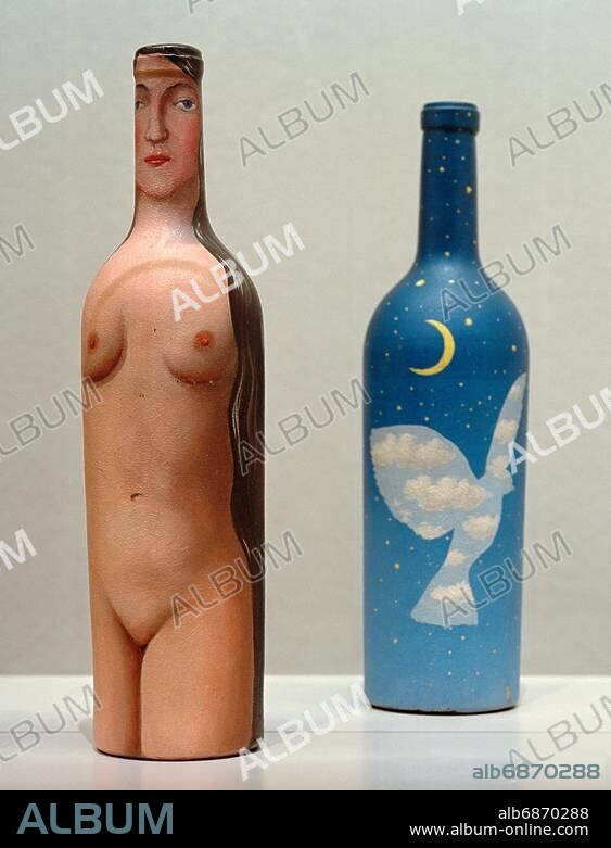 RENÉ MAGRITTE. Magritte, René (born René François Ghislain Magritte), 1898 - 1967, Belgian artist. "Night sky with bird", c.1945. Oil on glass bottle, height: 30.7 cm. Private collection. "Femme-Bouteille" (Women-bottle), c.1945. Oil on glass bottle, height: 30 cm. Private collection.