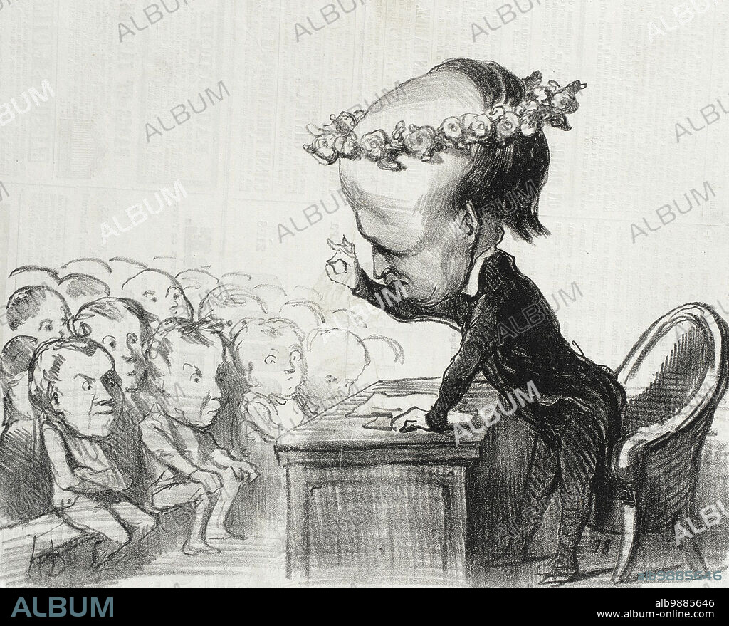HONORé DAUMIER. Victor Hugo dans un discours en trois points.., 1849. Victor Hugo demonstrates the emptiness of military glory in three points. Series: Souveniers du Congrès de la Paix, no. 1; Periodical: Le Charivari, 6 September 1849.