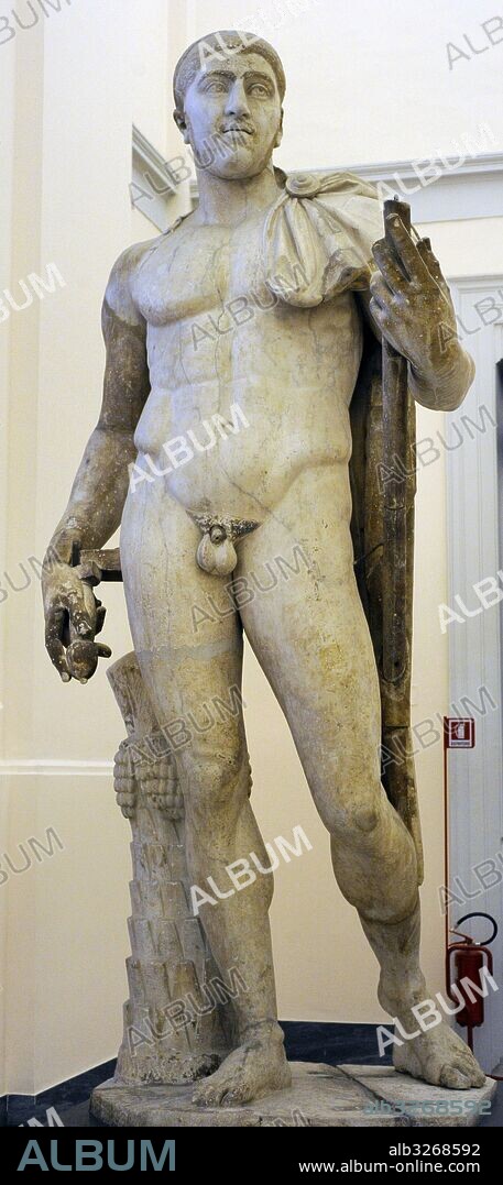 Emperor Alexander Severus (208-235)  with idealized body of the Diomedes Cuma-Munich type. c. 225 AD. Statue. National Archaeological Museum. Naples. Italy.