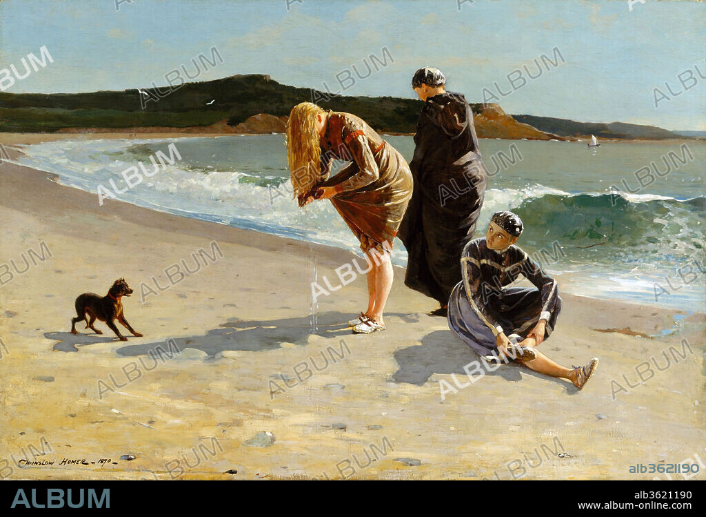 Eagle Head, Manchester, Massachusetts (High Tide). Artist: Winslow Homer (American, Boston, Massachusetts 1836-1910 Prouts Neck, Maine). Dimensions: 26 x 38 in. (66 x 96.5 cm). Date: 1870.
Following his experience as an illustrator during the Civil War, Homer turned his attention to lighter scenes of contemporary life, often focusing on fashionable young women. This painting of three bathers on a Massachusetts beach was his most daring subject to date. Critics were less disturbed by its disquieting mood than by the fact that, as one observed, the figures were "exceedingly red-legged and ungainly." As in much of Homer's art, an air of mystery and melancholy imbues the scene, suggesting deeper meanings below the surface.