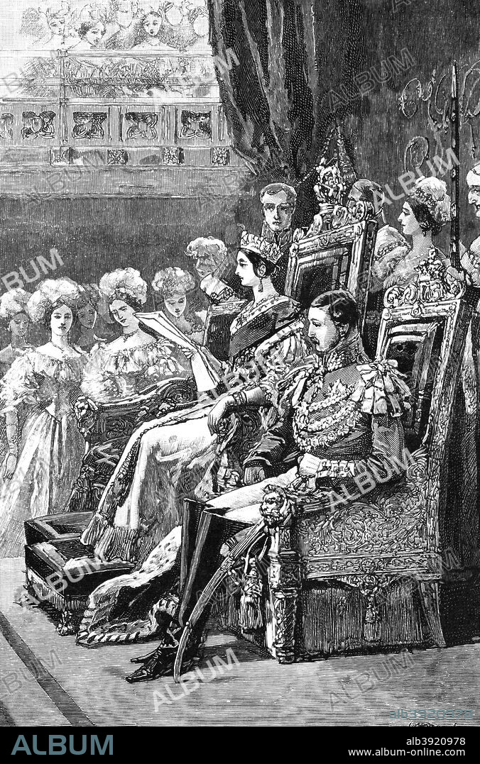 The Queen opening Parliament, 1846, (1900). Queen Victoria, accompanied by Prince Albert, presides over the state opening. Illustration from The life and times of Queen Victoria by Robert Wilson, (1900).