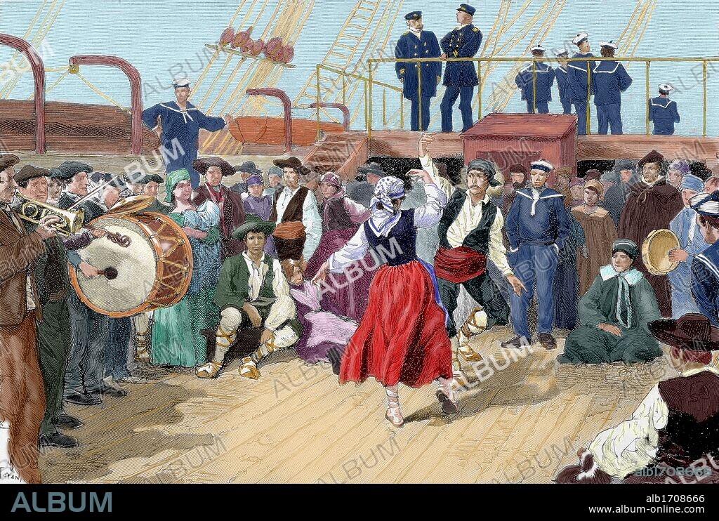 Emigrantes españoles a bordo de un barco con dirección a la República Argentina. Grabado de Barbant para "La Ilustración", año 1887. Coloreado.