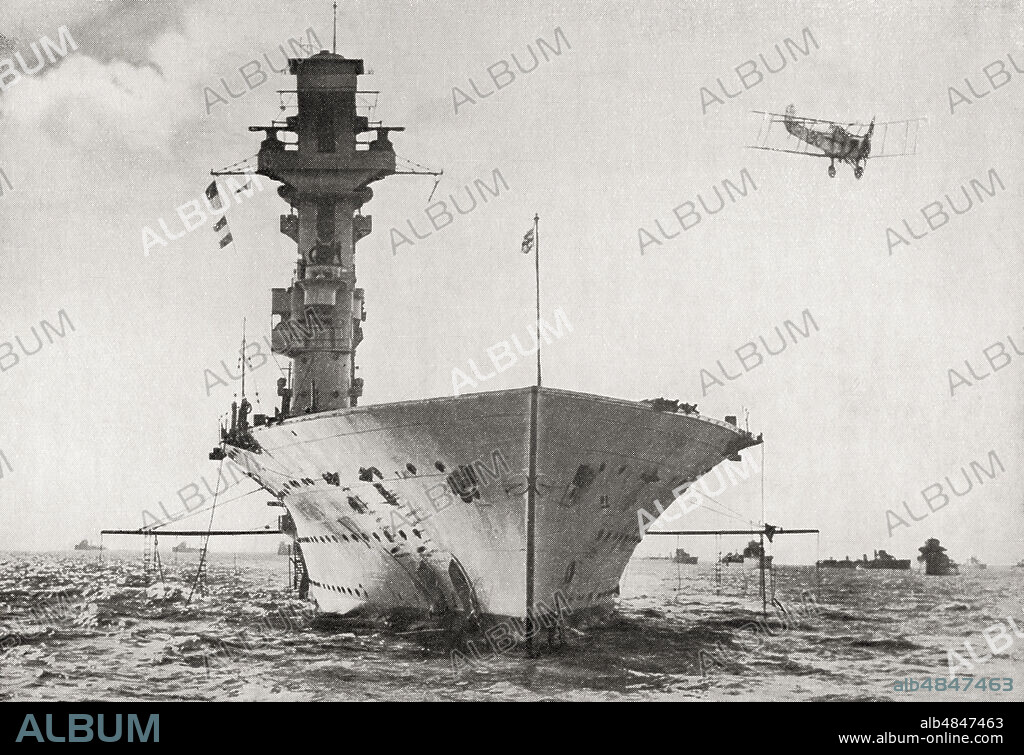 HMS Hermes, a British aircraft carrier built for the Royal Navy, the world's first ship to be designed as an aircraft carrier, she was sunk by Japanese aircraft, 9 April 1942.  From The Book of Ships, published c.1920.
