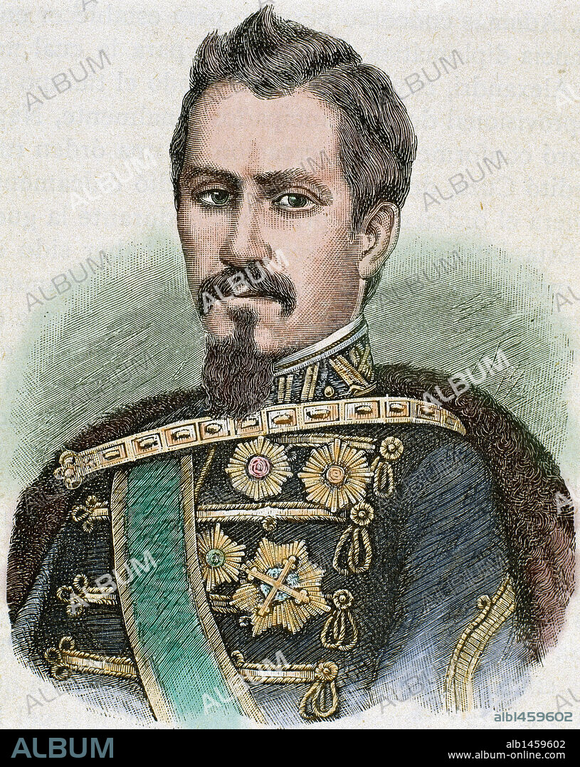 CUZA, Alejandro Juan (Husi,1820-Heidelberg,1873). Príncipe de Rumanía (1859-1866). En 1866 fue depuesto debido a su política autoritaria, viéndose obligado a exiliarse. Grabado por R. CREMER. Coloreado.