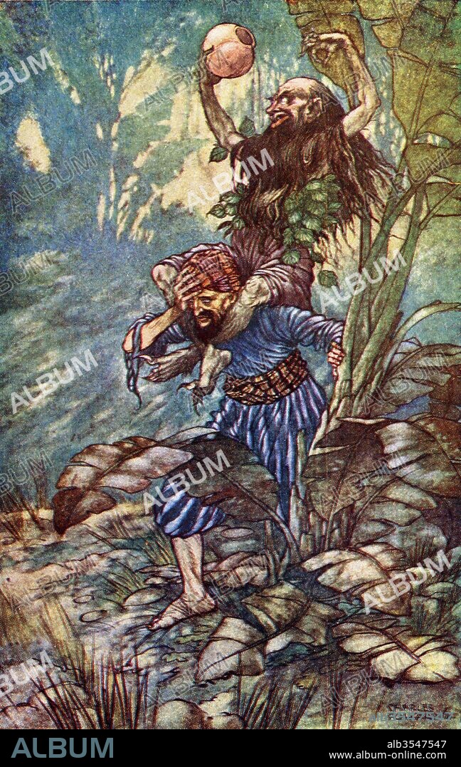 The Fifth Voyage of Sinbad the Sailor. Illustration by Charles Folkard from the book The Arabian Nights published 1917.