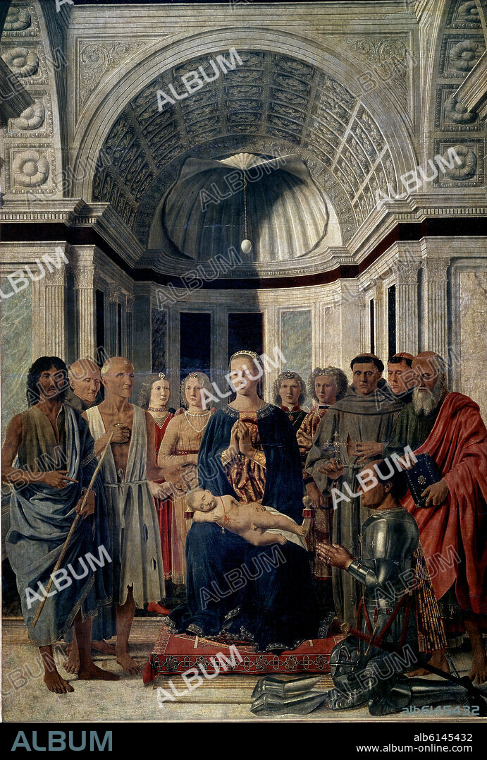PIERO DELLA FRANCESCA (1420/92). VIRGEN CON EL NIÑO ADORADA POR FEDERICO DE MONTEFELTRO - 1472/74 - O/T - 2,48 X 1,70 M.