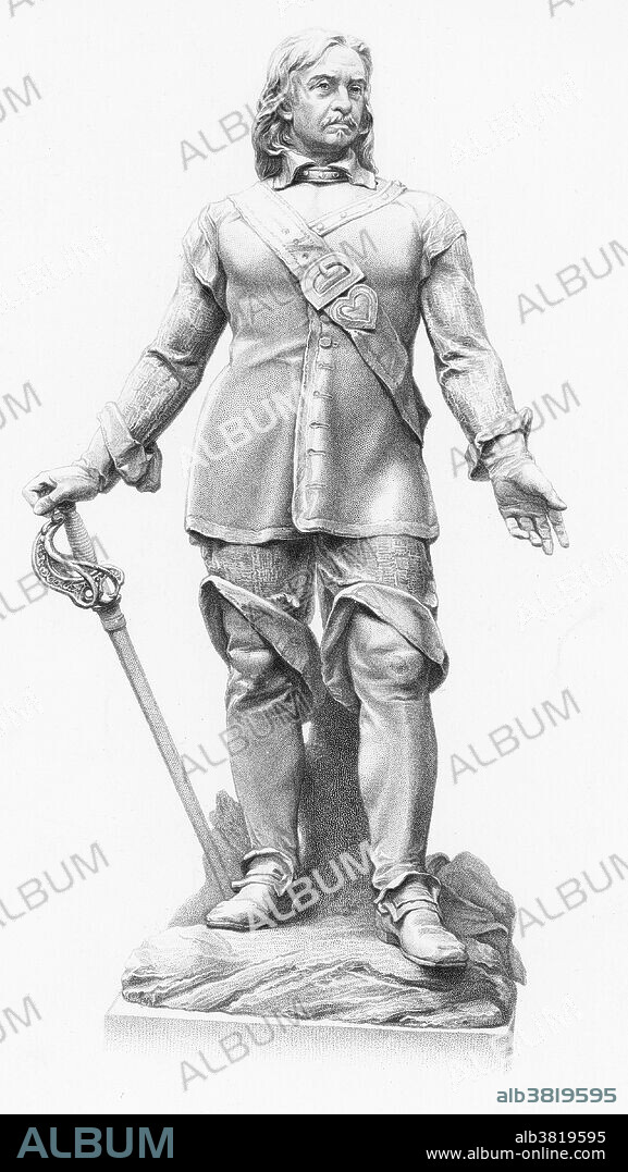 Oliver Cromwell (1599-1658), English political leader and military commander, who was instrumental in the English Civil War (1642-1651) and became head of state as "Lord Protector of the Realm" from 1653 until his death in 1658. The monarchy was restored two years later. Engraving by H. Balding from the statue by M. Noble.