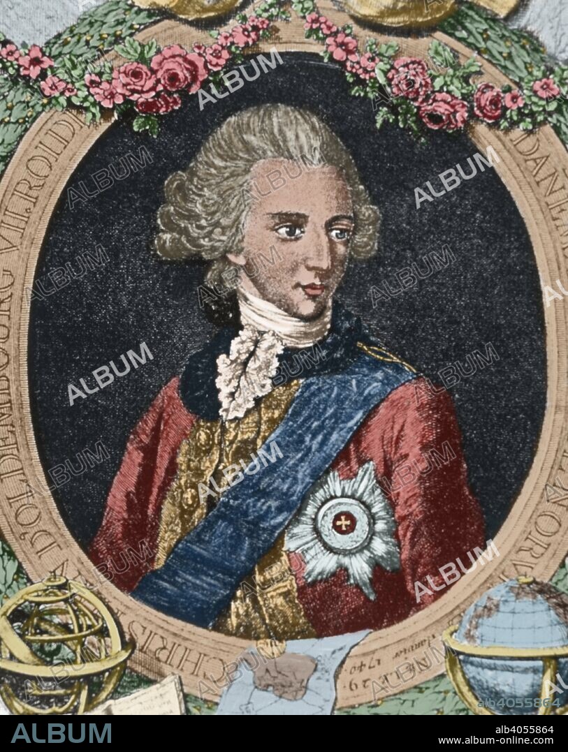 Cristian VII (Copenhague,1749-Rendsburg,1808). Rey de Dinamarca y Noruega (1766-1808), hijo de Federico V. Casa de Oldemburgo. Grabado coloreado.