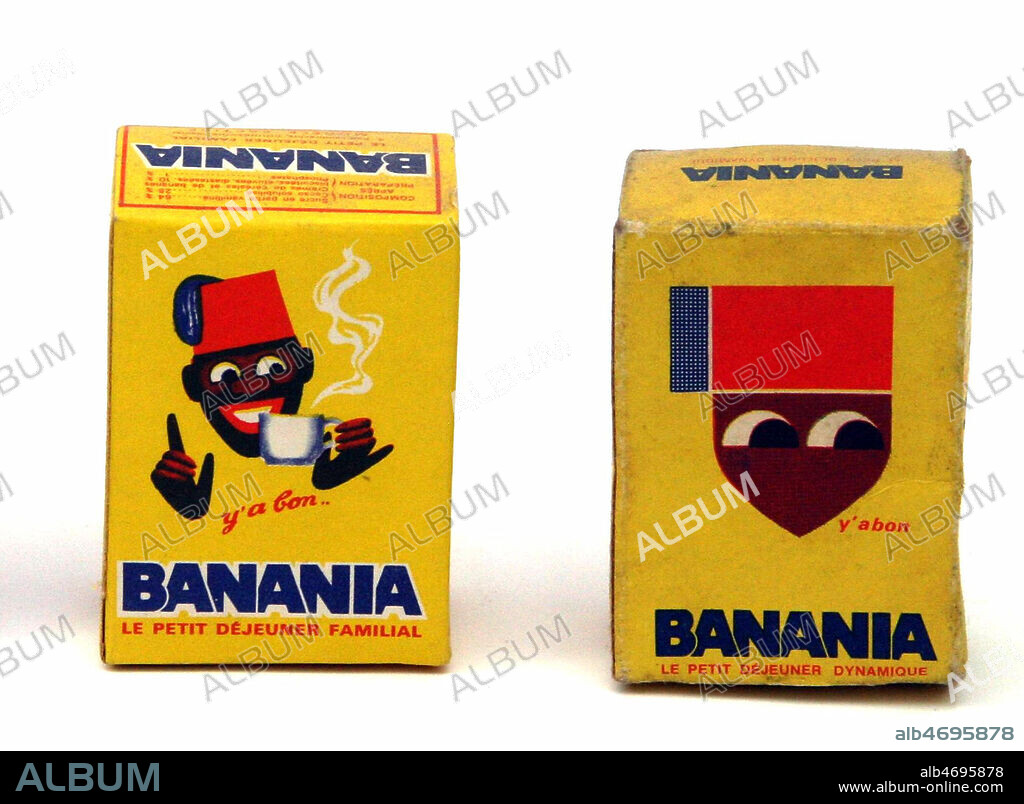 BOITES en carton chocolat en poudre Banania de 1940 et 1960. Evolution du packaging. Annees 40. Annees 60. Credit photo ELZINGRE/KHARBINE TAPABOR.