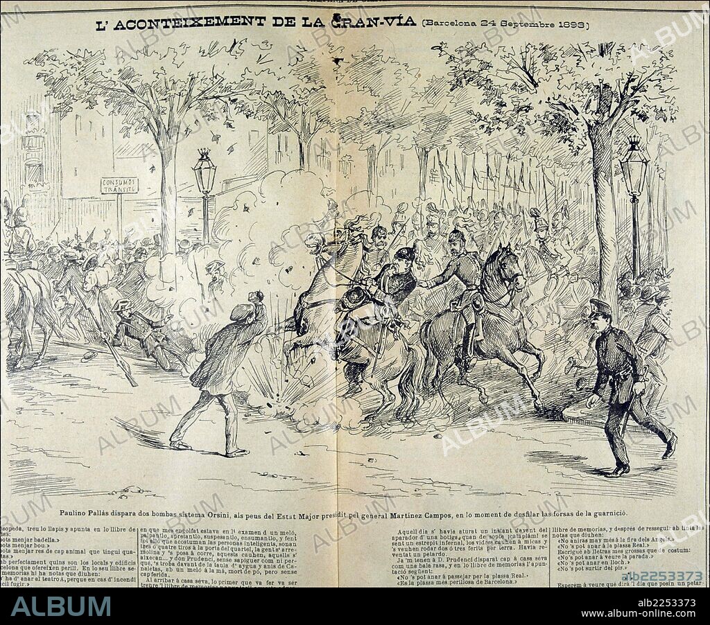 MARTINEZ CAMPOS , ARSENIO. MILITAR Y POLITICO ESPAÑOL. SEGOVIA 1831 - 1900. " ATENTADO EN LA GRAN VIA DE BARCELONA EL 24 - 9 - 1893 , OBRA DEL ANARQUISTA PAULINO PALLAS. GRABADO DE LA REVISTA " LA CAMPANA DE GRACIA ".
