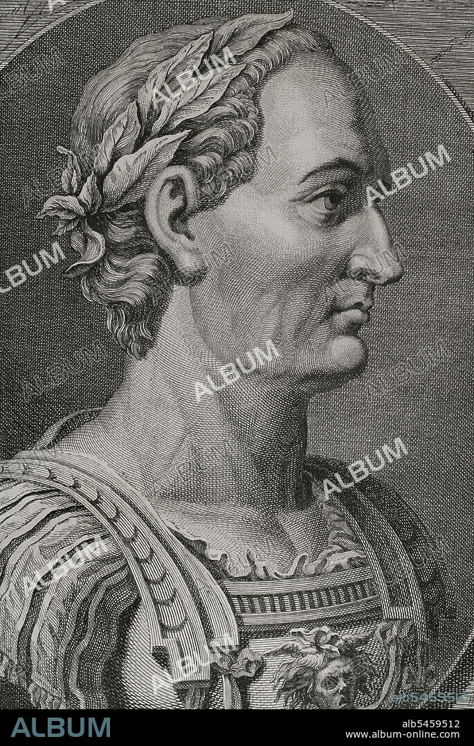 Cayo Julio César (Caius Julius Caesar) (100 a.C. - 44 a.C.). Político, general y escritor romano. En el año 60 a.C. formó un triunvirato con Pompeyo y Craso. Llevó a cabo la conquista de la Galia. Jefe del imperio y Dictador perpetuo (Dictator Perpetuus). Retrato. Grabado de "Commentaires de Cesar, avec des notes historiques, critiques et militaires", por el conde Turpin de Crissé. Tomo I. Obra publicada en Montargis y vendida en París, 1785.