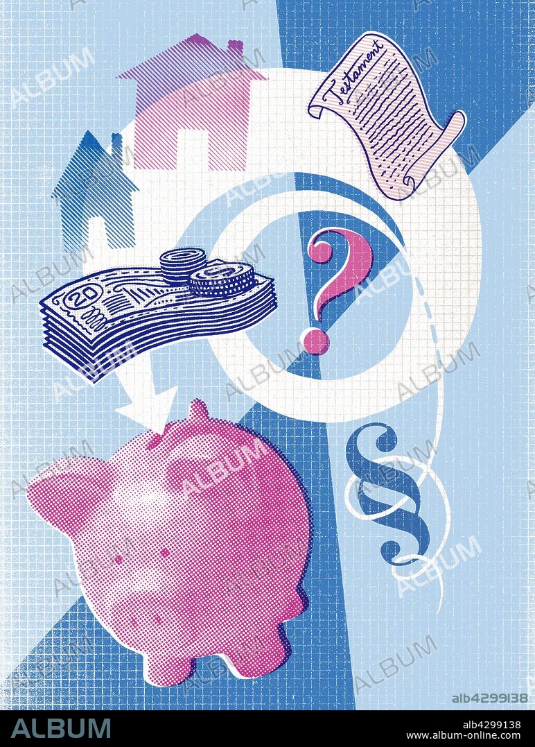 Question mark with piggy bank, house, money and will.
