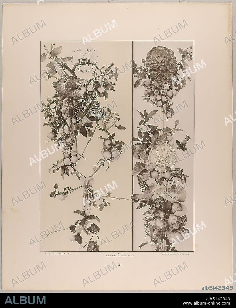 Martin Gerlach, J. Schober, Verlag Gerlach und Schenk, hanging group and festoon of lion heads, fruits, pumpkins with medallion, dove and other birds etc, Staatliche Landesbildstelle Hamburg, collection on the history of photography, paper, collotype, sheet size: height: 40.10 cm; width: 32.10 cm, inscribed: recto: Verlag von Gerlach & Schenk in Vienna, Déposé. Gerlach, Festons and decorative groups, collotype by J. Schober in Karlsruhe. Numbering, Landesbildstelle, handwritten inv. no, photography, plants and herbs.