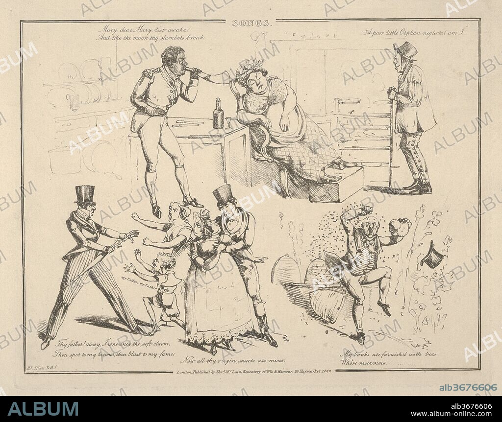 Songs: "Mary, dear Mary list awake. And take the moon thy slumbers break...". Artist: Henry Thomas Alken (British, London 1785-1851 London). Dimensions: Image: 7 7/8 × 10 1/8 in. (20 × 25.7 cm)
Sheet: 10 3/4 × 14 7/8 in. (27.3 × 37.8 cm). Publisher: Thomas McLean (British, active London 1788-1885). Series/Portfolio: Illustrations to Popular Songs. Date: 1822.
One sheet of a series of satires, designed as a song book. Composed of vignette scenes, each scene illustrating in a humourous fashion a single line from a popular song of the day. The imagery derives from hunting, shooting and horses, scenes from domestic life, fashion, town and country life, military and naval life.
