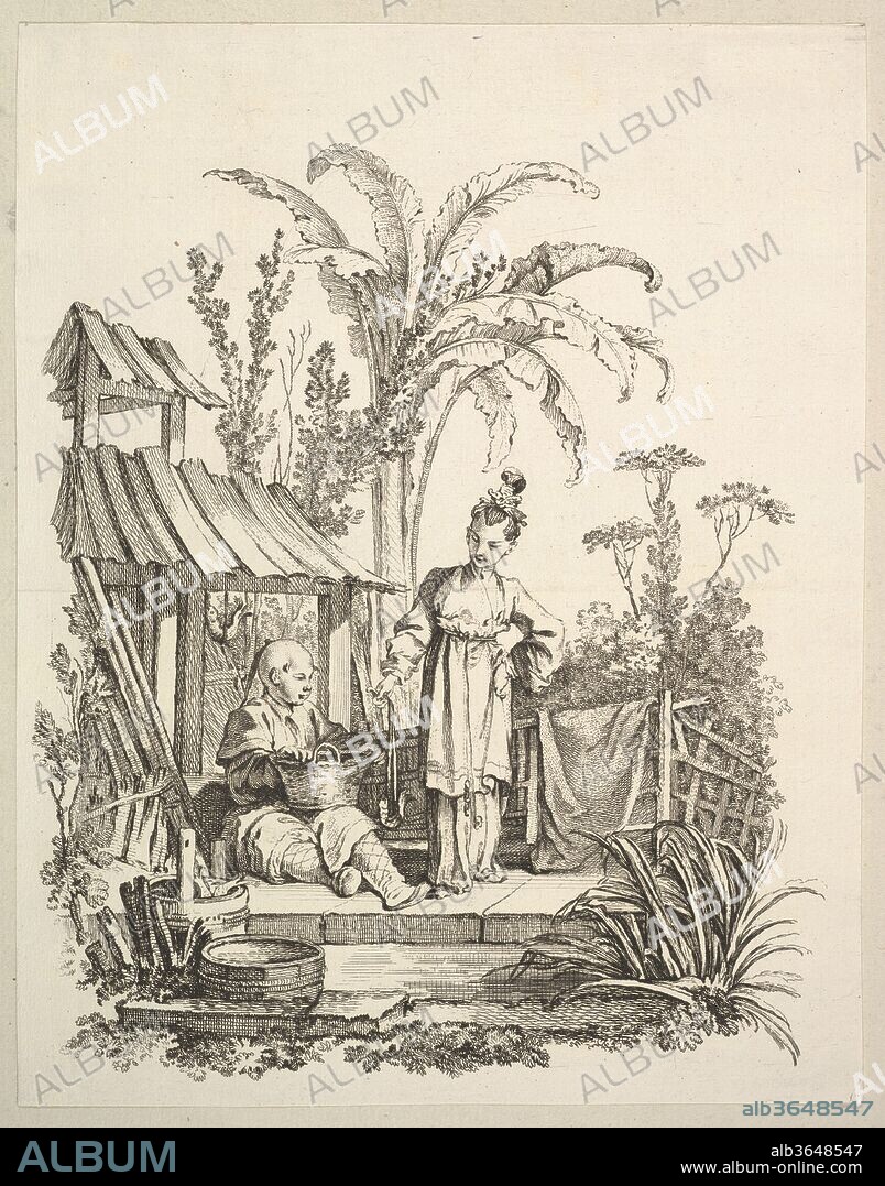 GABRIEL HUQUIER and AFTER FRANÇOIS BOUCHER. A Seated Chinese Man and a Woman Carrying a Fish. Artist: After François Boucher (French, Paris 1703-1770 Paris); Gabriel Huquier (French, Orléans 1695-1772 Paris). Dimensions: Sheet (trimmed): 11 7/8 × 9 5/16 in. (30.2 × 23.6 cm). Series/Portfolio: Scenes of Chinese Life
(Scenes de la vie Chinoise). Date: ca. 1742.
