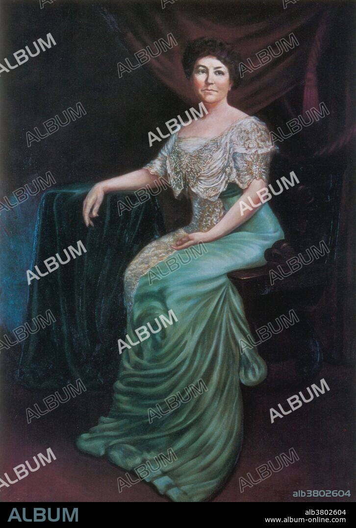 Ellen Axson Wilson (May 15, 1860 - August 6, 1914) was the first wife of Woodrow Wilson, and First Lady of the United States from 1913 until her death. Woodrow Wilson first saw Ellen when he was about 3 and she was a baby. They met again in April 1883 when he was visiting his cousin in Georgia, where she was keeping house for her widowed father. They were engaged 5 months later, but postponed the wedding while he did postgraduate work at Johns Hopkins University and she nursed her ailing father. They married in 1885 and their union produced three daughters; Margaret, Jessie and Eleanor. The Wilsons had preferred to begin the administration without an inaugural ball, and the First Lady's entertainments were simple, but her unaffected cordiality made her parties successful. A descendant of slave owners, Wilson lent her prestige to the cause of improving housing in the capital's largely black slums. She visited dilapidated alleys and brought them to the attention of debutantes and Congressmen. She died of Bright's disease in 1914 at the age of 54. The day before her death, she made her physician promise to tell Wilson that she hoped he would marry again; she murmured at the end, "...take good care of my husband." Artist unknown.