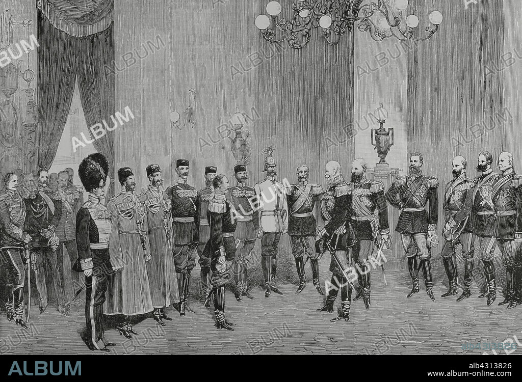 Historia de Alemania. Berlín. Palacio Imperial. La Diputación militar rusa felicitando al emperador Guillermo I de Alemania (1797-1888), en el aniversario de los 70 años de la batalla de Bar-sur-Aube (27 de febrero de 1814), con victoria de la coalición ruso-bávara contra Napoleón I durante las campañas de 1814. El acto se celebró el 27 de febrero de 1884. Acompañaban al emperador alemán, todos los príncipes de la familia imperial y el mariscal prusiano Helmuth von Moltke (1800-1891). Presidía la delegación rusa, el Gran duque de Rusia, Miguel Románov (1878-1918), hermano del último zar Nicolas II, así como los generales Iósif Gurko (1828-1901), Iván Obolenski (1853-1910), y el conde Piotr Andréyevich Shuválov (1827-1889). Grabado. La Ilustración Española y Americana, 22 de marzo de 1884.