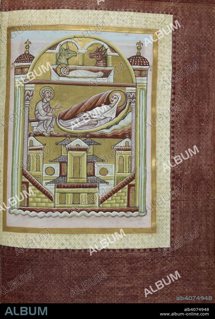 Miniature of the Nativity with Mary reclining in bed, Joseph seated at her side, and the infant Christ and the ox and ass above. Gospels, with canon tables, chapter lists, and lections. Germany, W. (Echternach) (now Luxembourg); 3rd quarter of the 11th century. Source: Harley 2821, f.68. Language: Latin.