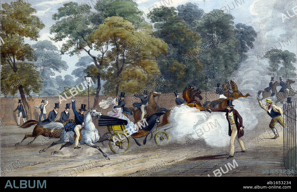 Attempted assassination of Queen Victoria (1819-1901). On the evening of Wednesday 10 June 1840 Victoria and Prince Albert were travelling in a carriage along Constitution Hill near Buckingham Palace, London, when Edward Oxford fired a pistol at the Queen. Hand-coloured lithograph.