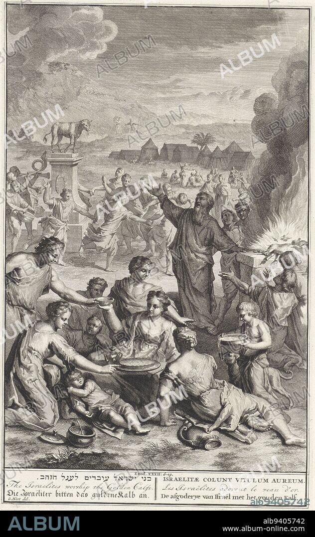 Dance around the golden calf, Jan van Vianen, after Gerard Hoet (I), 1720 - 1728, The idolatry of Israel with the dance around the golden calf. In the foreground there is dancing and music being made around a pillar with the golden calf. In the foreground a banquet is being eaten. In the background Moses on the mountain with the stone tablets of the law. Illustration of the Bible text Ex. 32: 6-19. Below the illustration the title in Hebrew, English, German, Latin, French and Dutch., print maker: Jan van Vianen, (mentioned on object), intermediary draughtsman: Gerard Hoet (I), (mentioned on object), publisher: Bernard Picart, (possibly), publisher: Amsterdam, publisher: The Hague, 1705 - 1720 and/or 1720 - 1728, paper, etching, engraving, h 357 mm × w 219 mm.