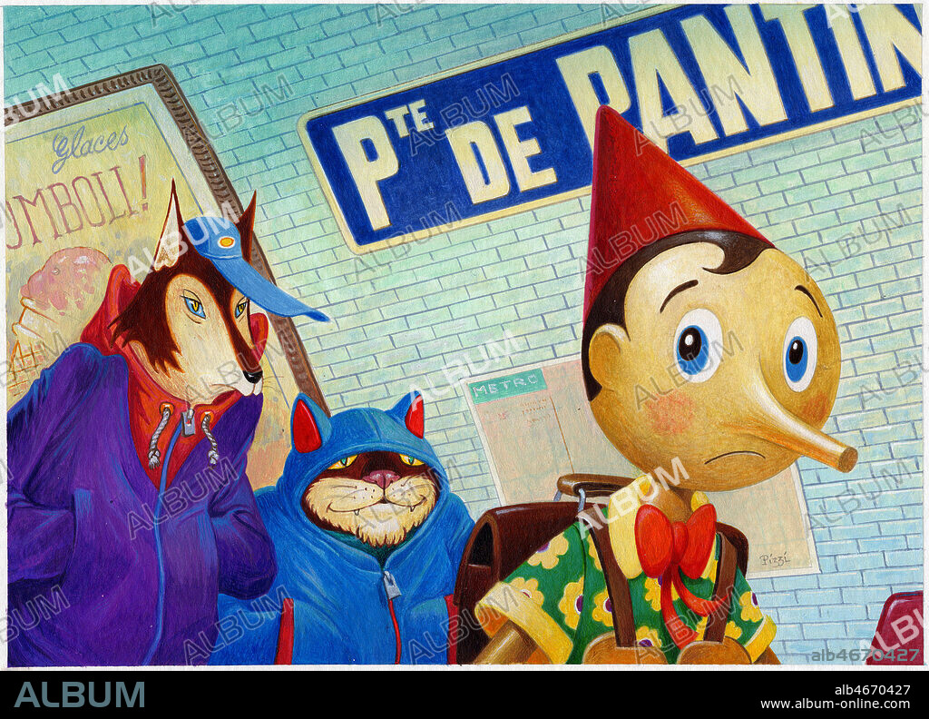 Interpretation moderne de Pinocchio dans le metro partant pour l'ecole et suivi par le renard et le chat de Carlo COLLODI (1826-1890). Illustration de Didier Pizzi (ne en 1952). Credit: Illust. Pizzi/KHARBINE-TAPABOR.