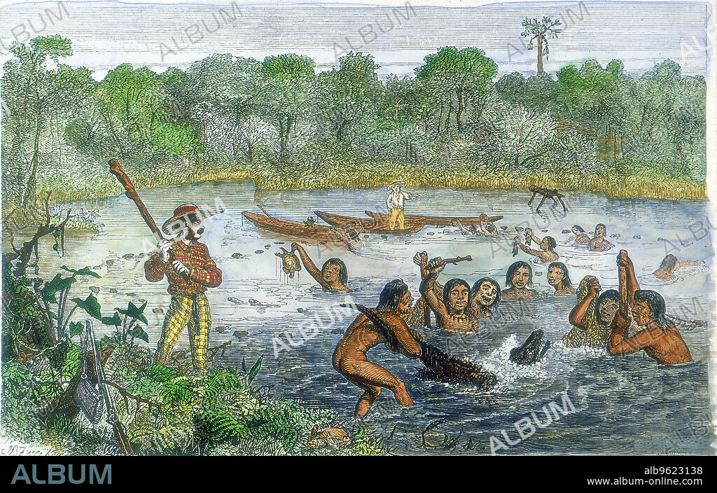 Henry Walter Bates (1825-1892) English traveller and naturalist. Together with Alfred Russell Wallace, Bates set out to explore the Amazon in 1848. When Bates returned to England in 1859, he brought back 14,000 specimens, mostly insects, of which more than half were new to science. Here he is seen, with native help, capturing an alligator on the River Amazon. Bates is standing on the river bank, dressed in rather outlandish checked shirt and trousers and wielding a large wooden club. Other natives are shown offering Bates specimens of turtles.