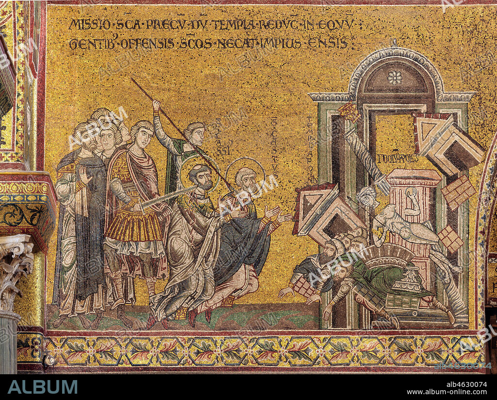 Monreale, Duomo: "The martyrdom of St. Cassius and St Casto - The destruction of the temple and the idol of Apollo", Byzantine mosaic, XII - XIII century, on the counter-facade.