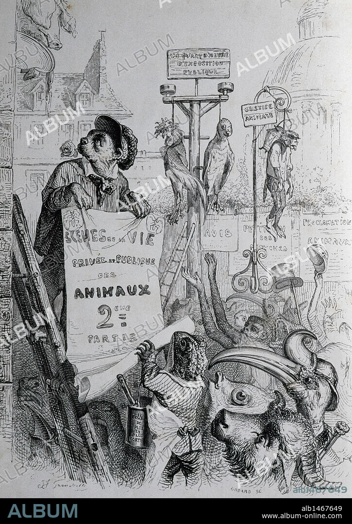 J.J. Grandville (pseudonym of Jean Ignace Isidore Gerard) (1803-1847). French caricaturist. The private and public life of animals. Satire of French society of 1840 through the eyes of animals. Satiric lithography. Paris, edited by J. Hetzel, 1842.