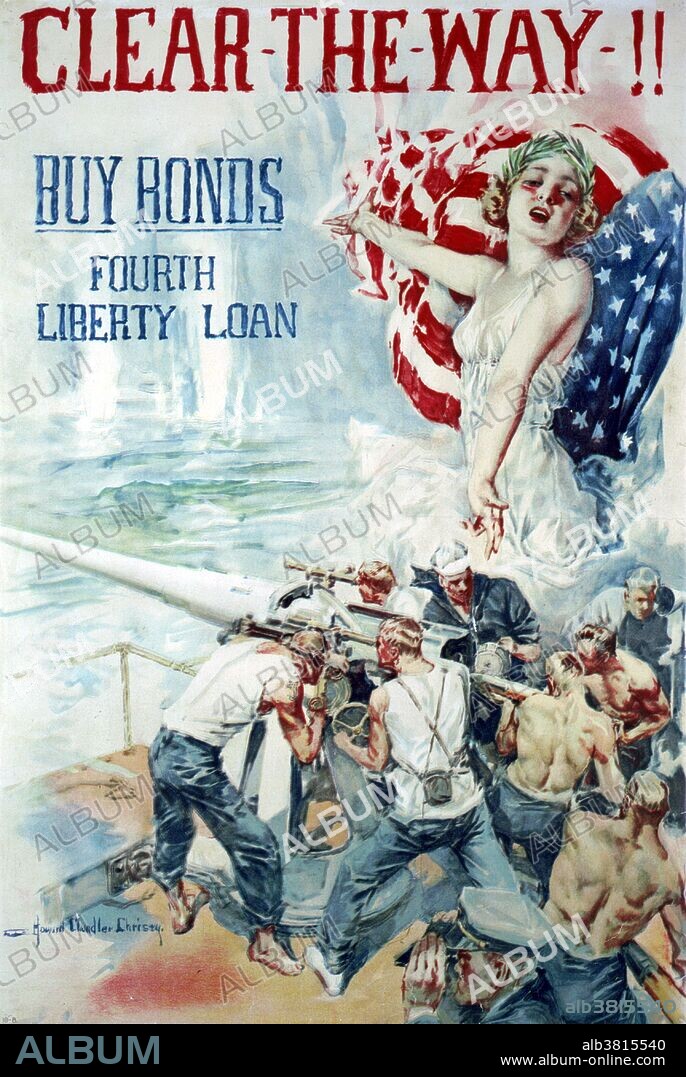 Entitled: "Clear-the-way!! Buy bonds - Fourth liberty loan". Poster shows a woman symbolizing America above naval gun crew in action. A Liberty Bond was a war bond that was sold in the United States to support the allied cause in World War I. Subscribing to the bonds became a symbol of patriotic duty in the United States and introduced the idea of financial securities to many citizens for the first time. The Act of Congress which authorized the Liberty Bonds is still used today as the authority under which all U.S. Treasury bonds are issued. Through the selling of Liberty bonds, the government raised around $17 billion for the war effort. Considering that there were approximately 100 million Americans during that time, each American, on average, raised $170 on Liberty bonds. Artist Howard Chandler Christy, 1918.