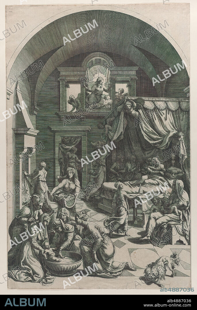 Diana Scultori, Birth of Saint John the Baptist, Diana Scultori (Italian, Mantua ca. 1535?after 1588 Rome), After Giulio Romano (Italian, Rome 1499?1546 Mantua), 155588, Engraving, Sheet (Trimmed): 18 7/16 × 11 7/8 in. (46.8 × 30.2 cm), Prints.