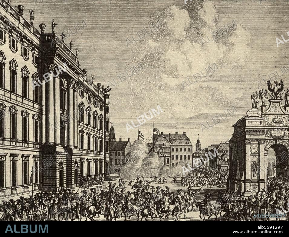 Friedrich I., König von Preußen (als Friedr. III. Kurfürst von Brandenburg), 1657-1713. "Einzug König Friedrichs I. in Berlin am 6. Mai 1701.". (Festzug vor dem Stadtschloß, gegenüber Ehrenpforte von Fridrichswerder. stadt). Kupferstich von Pieter Schenk (1660-1719). Berlin, Stiftung Stadtmuseum Berlin.