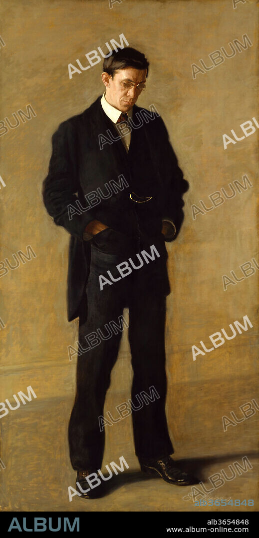 The Thinker: Portrait of Louis N. Kenton. Artist: Thomas Eakins (American, Philadelphia, Pennsylvania 1844-1916 Philadelphia, Pennsylvania). Dimensions: 82 x 42 in. (208.3 x 106.7 cm). Date: 1900.
Louis N. Kenton (1865-1947) was Eakins's brother-in-law, having married Elizabeth Macdowell (1858-1953), sister of Eakins's wife Susan, in 1889. Elizabeth studied at the Pennsylvania Academy of the Fine Arts in Philadelphia, exhibited professionally, and traveled widely. Her marriage to Kenton was stormy and apparently brief, and very little is known of it, or of Kenton. The title associated with this portrait, "The Thinker," was at one time based upon an inscription on the reverse that apparently was placed there by Susan Eakins. Beginning in 1900, the portrait was widely exhibited and much admired. An oil study for the portrait is in the Farnsworth Library and Art Museum in Rockland, Maine.