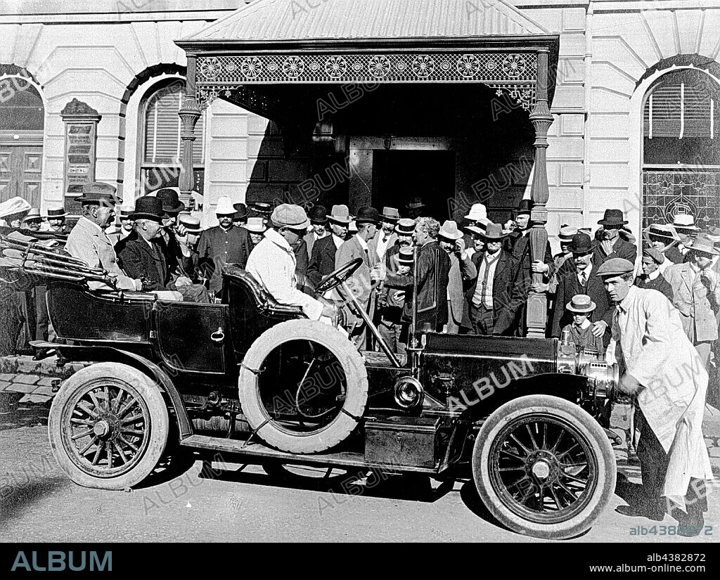 Negative - Lord Kitchener & the Premier of Victoria Sir Thomas Bent in a Car Outside Craig's Hotel, Ballarat, Victoria, 1908, Lord Kitchener and the Premier of Victoria in a car outside Craig's Hotel, Ballarat. The car is driven by Arthur Loveland.