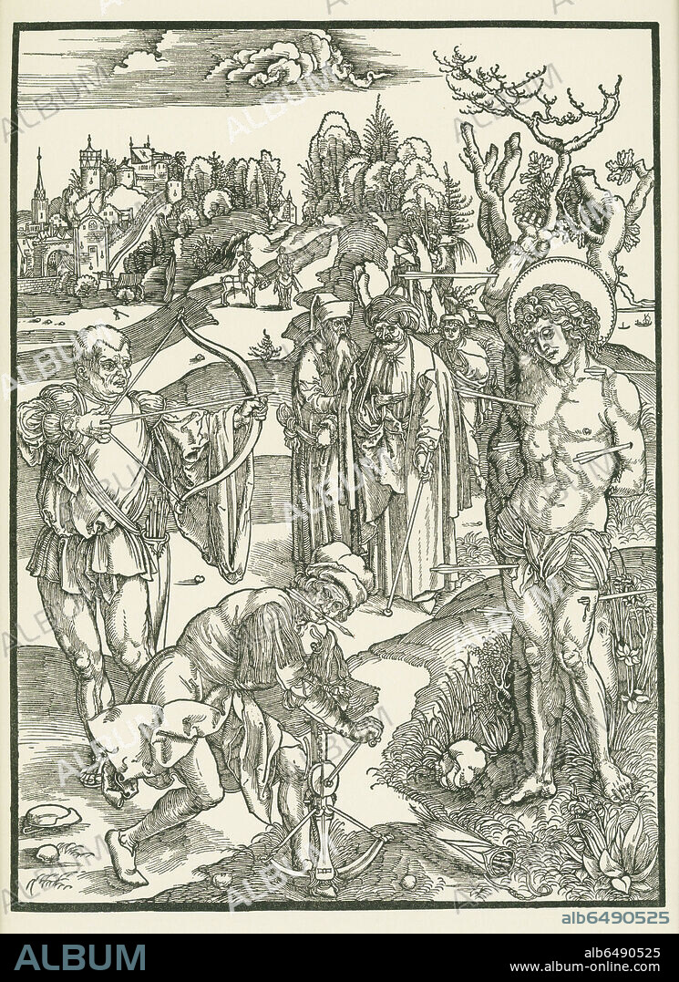 ALBERTO DURERO. The Martyrdom of Saint Sebastian. Around 1500. 
Woodcut, 395 x 290mm.