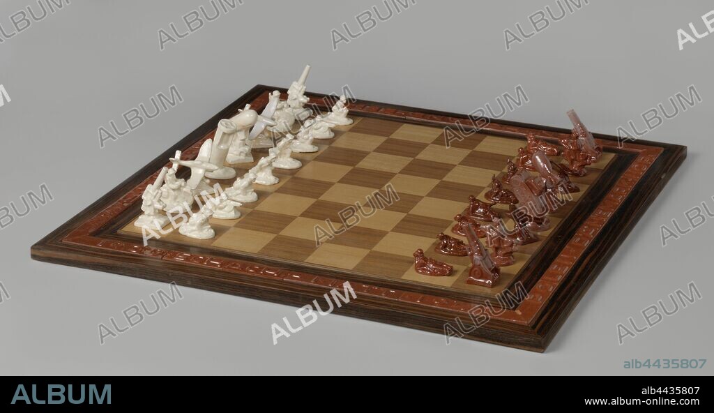 Nazi chess set Nazi chess set Nazi chess set Nazi chess set, Complete chess set with matching chest. The chessboard is made of wood and earthenware with 2 x 16 white and brown chess pieces made of earthenware. The chess pieces have a military form: the pawns are infantrymen, in the case of the white party, the tower is a 'Flak' (Flugzeug Abwehr Kanone - anti-aircraft guns), the horse is a motorcyclist, the runner a fighter aircraft (type Junker Ju 87, the so-called Stuka (Sturzkampfflugzeug)), king and queen are air grenades. In the case of the brown game, the horse is a rider. The runner is a fighter aircraft (not Stuka). The king is a tank. In the border around the chess field is the following text: 1939 SCHACH-MATT POLAND. DENMARK. NORWAY. HOLLAND. BELGIEN. FRANKREICH. ENGLAND U.S.W, Utrecht, Anton Adriaan Mussert, NSB, before 1940 - before 1945, terracotta (clay material), vitrification, l 80 cm × w 80 cm × h 4 cm h 7 cm × w 4 cm × d 4 cm.