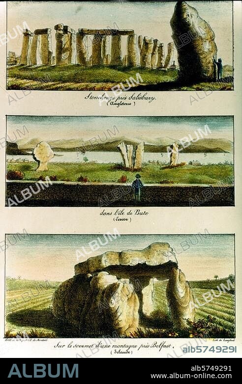 LANGLUME. Stonehenge près de Salisbury (Wiltshire, Angleterre), ensemble néolithique. "MONUMENS DES DRUIDES. Stonehenge (...) / Dans l'île de Bute (Ecosse) / Sur le sommet d'une montagne près Belfast (Irlande). Lithographie au crayon, coloriée, vers. 1830, de Langlumé d'ap. un dessin de Ed. de Montulé. Paris, coll. part.