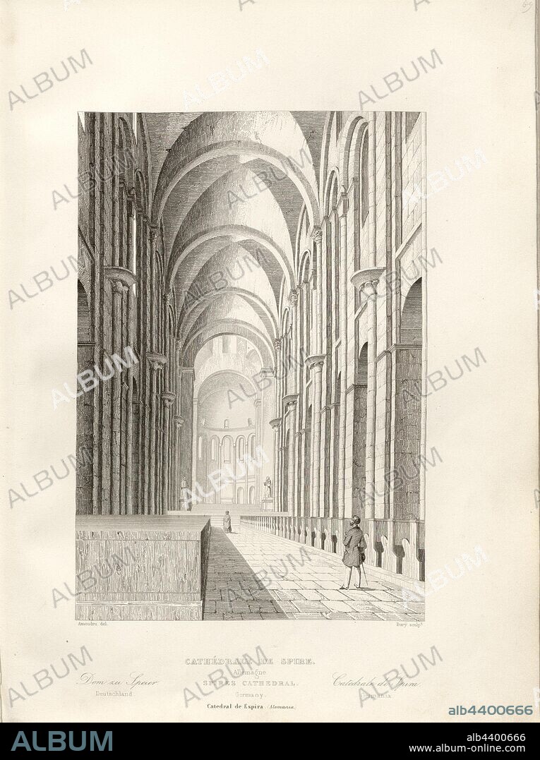 Cathedral of Speyer. Germany 2, Nave of Speyer Cathedral, signed: Amoudru del, Bury sculp, Fig. 70, p. 229, Amoudru (del.); Bury, Jean Baptiste Marie (sc.), 1853, Jules Gailhabaud: Monuments anciens et modernes: collection formant une histoire de l'architecture des différents peuples à toutes les époques. Paris: Librairie de Firmin Didot frères, 1853.